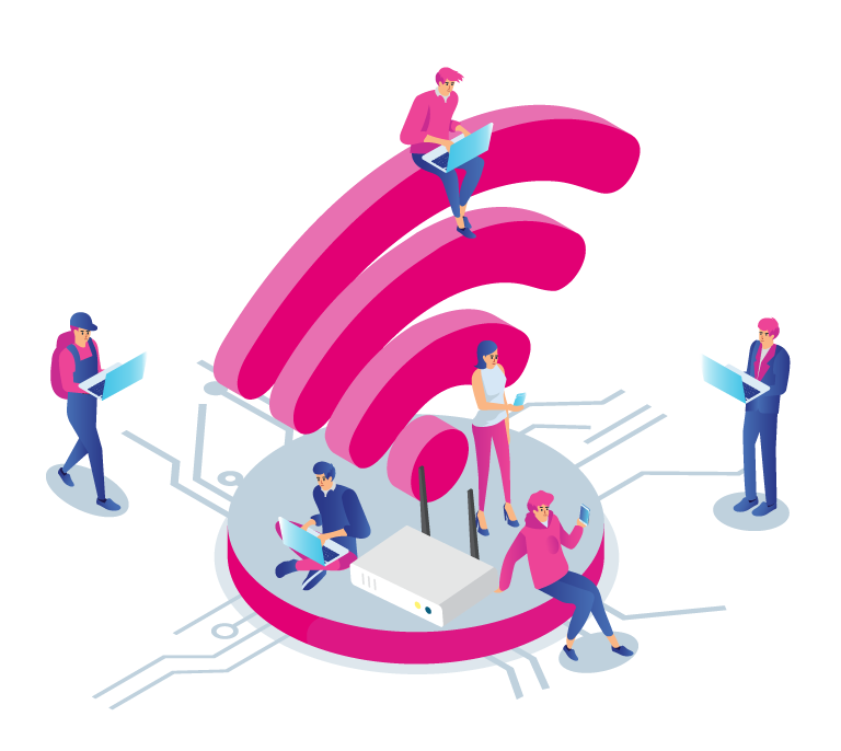 A round sitting area with a modem at the center. Two people are using the internet, while a girl stands next to a large pink signal with a boy sitting on it, and two others use the internet outside.